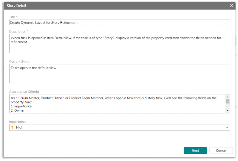 'Add Story' Input Form - AdaptiveWork configuration